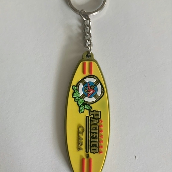 Pacifico Beer Cerveza Clara Surfboard Keychain Yellow Rubber Key Fob Keychain 3” - Picture 2 of 7
